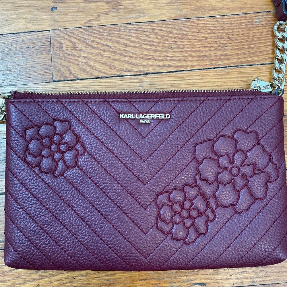 Karl Lagerfeld Womens Charlotte Embroidered Crossbody Merlot